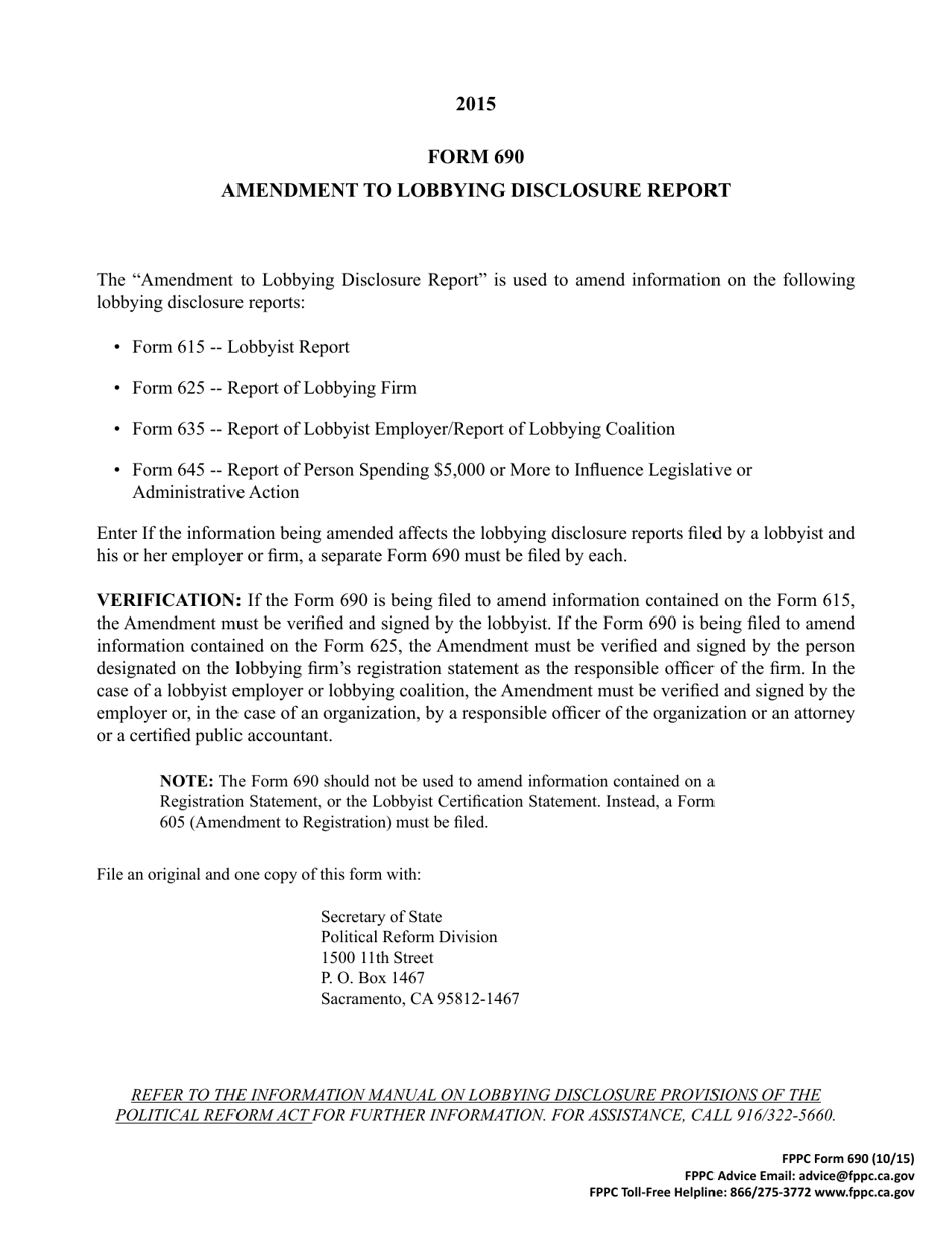 FPPC Form 690 Amendment to Lobbying Disclosure Report - California, Page 1