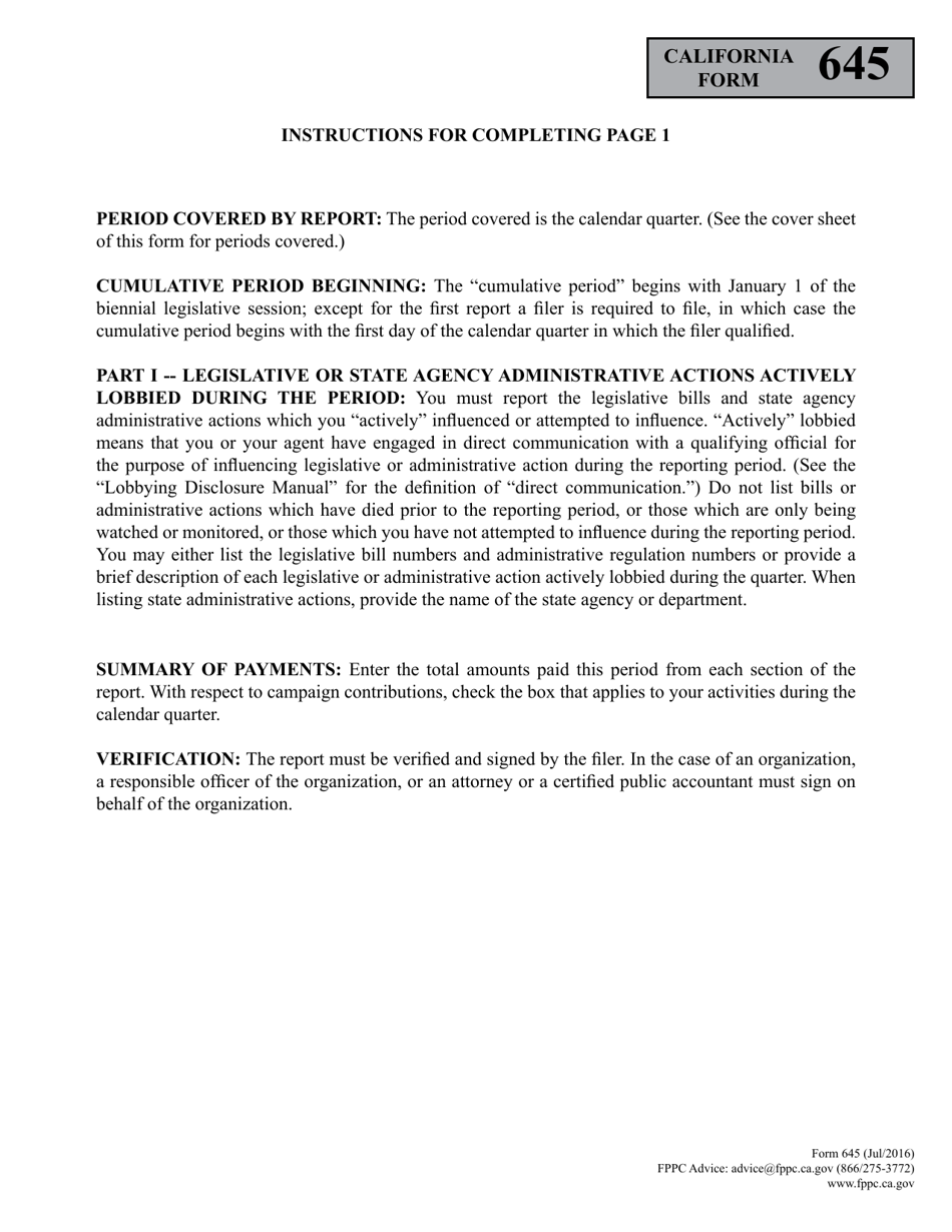 FPPC Form 645 Report of Persons Spending $5,000 or More to Influence Legislative or Administrative Action - California, Page 3