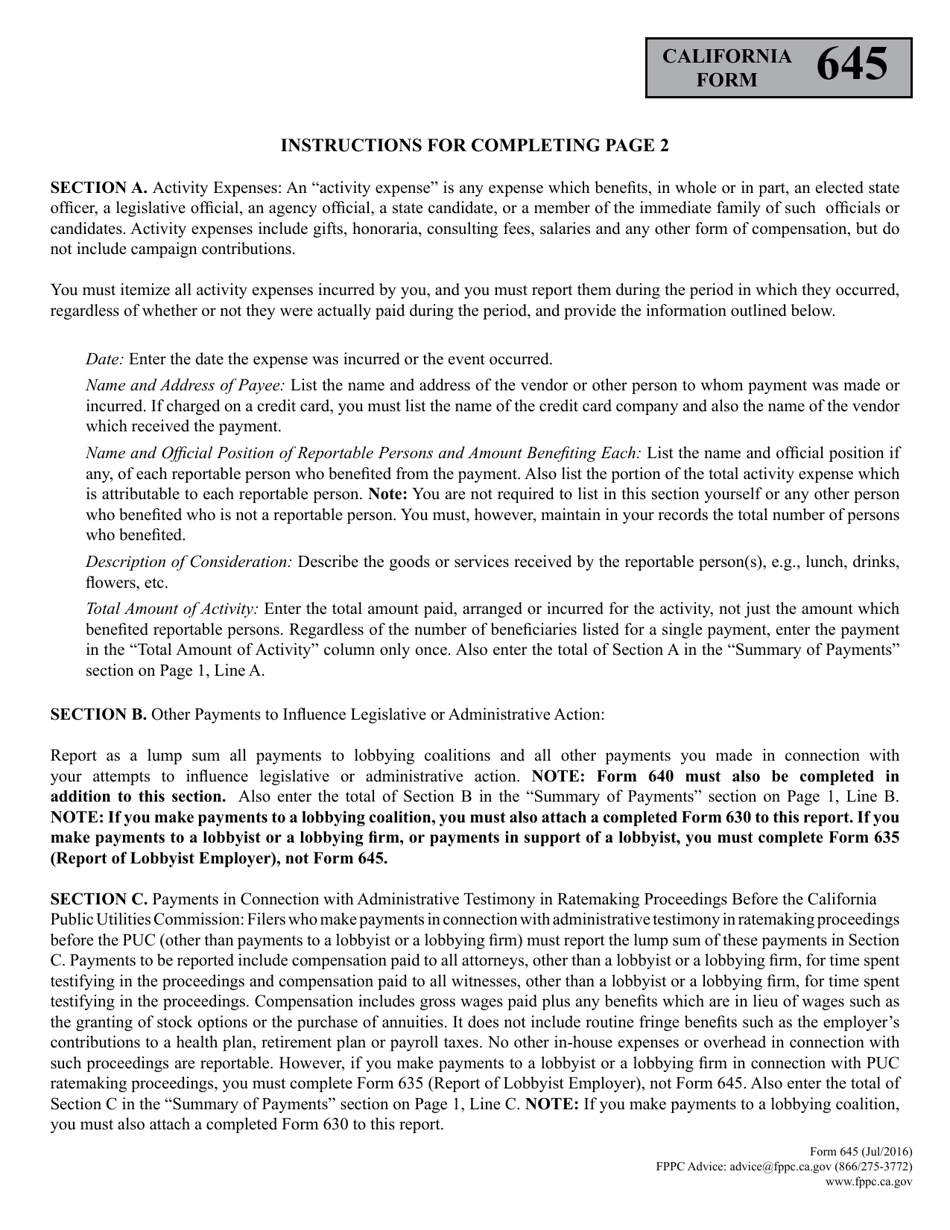FPPC Form 645 Report of Persons Spending $5,000 or More to Influence Legislative or Administrative Action - California, Page 5