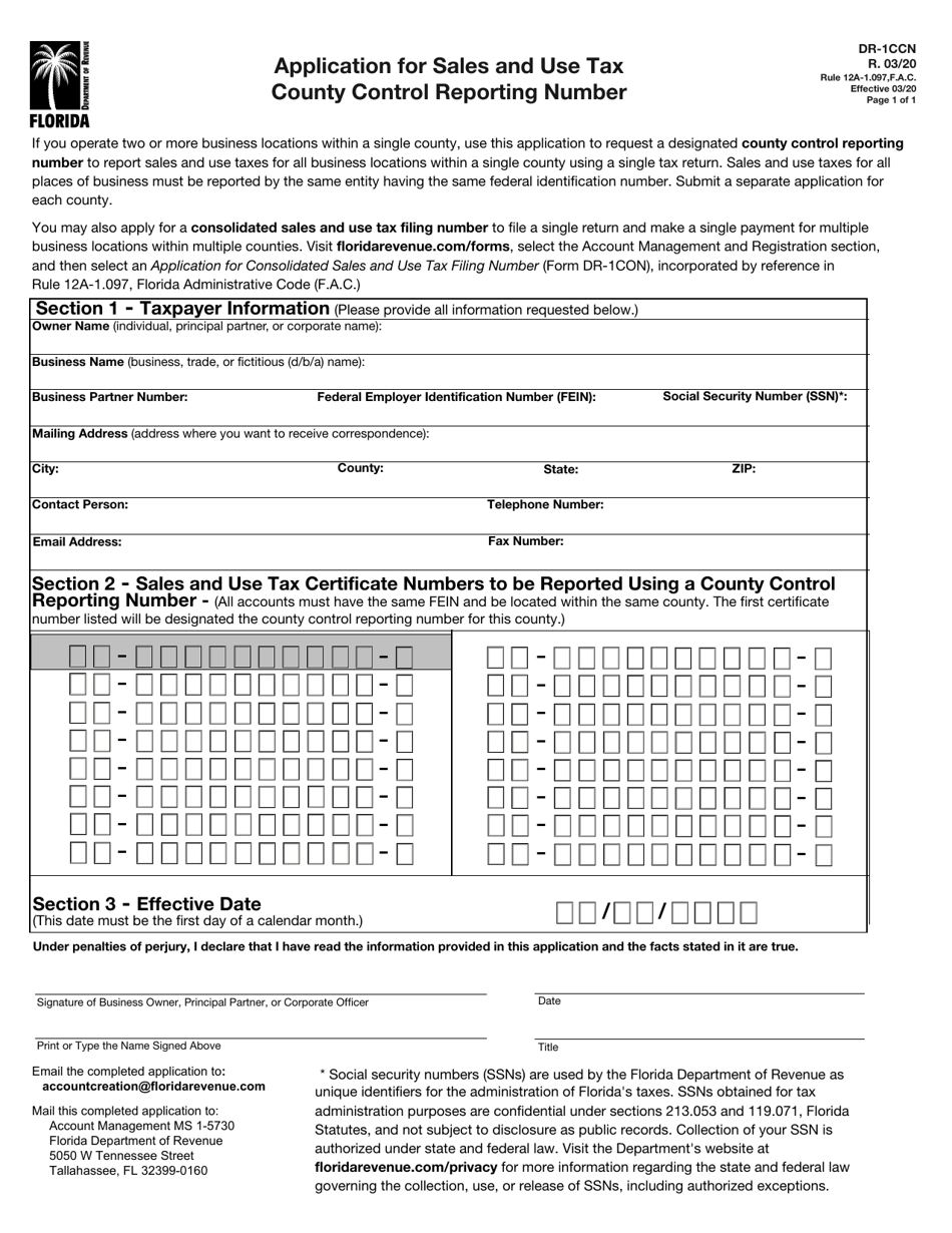 Form DR-1CCN Application for Sales and Use Tax County Control Reporting Number - Florida, Page 1