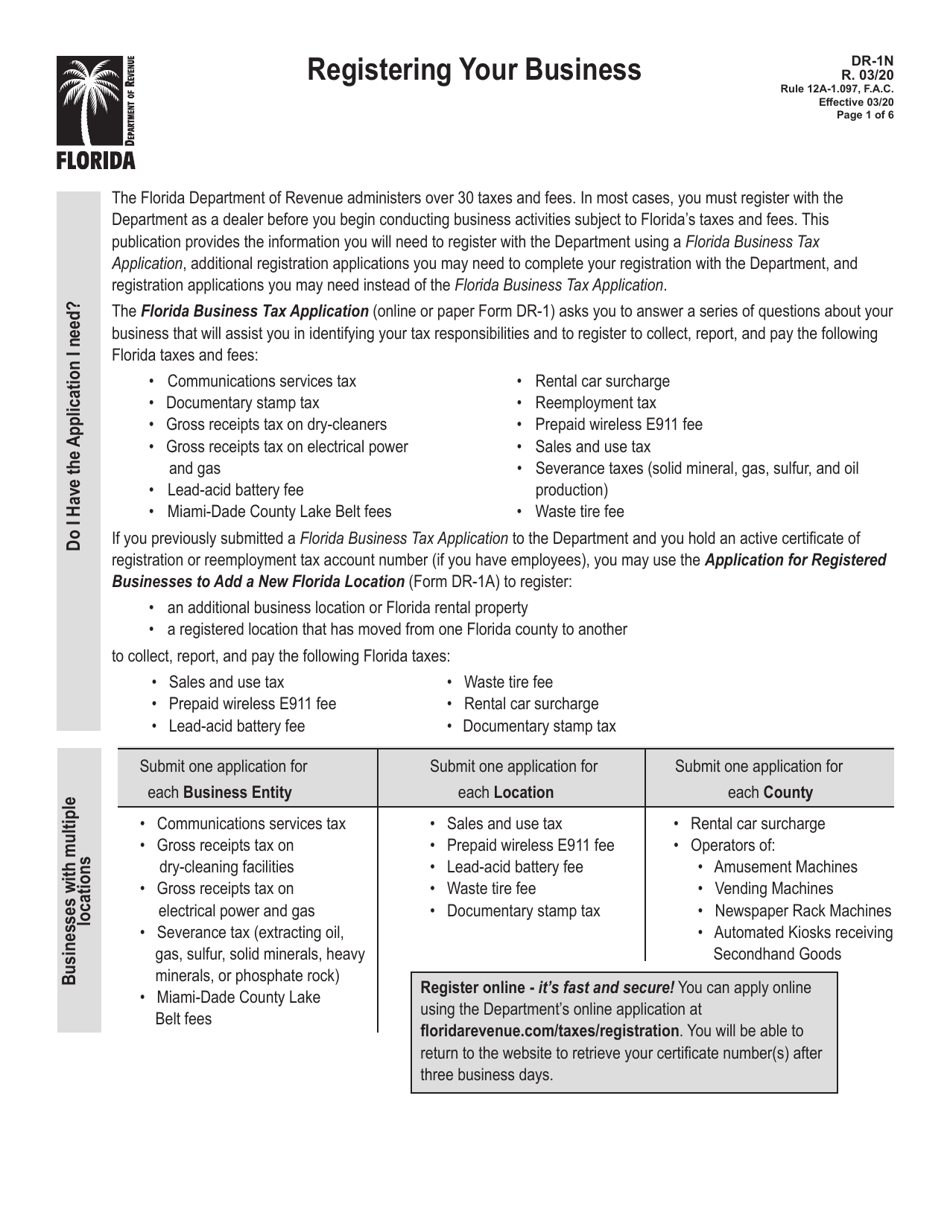 Form DR-1N Registering Your Business - Florida, Page 1