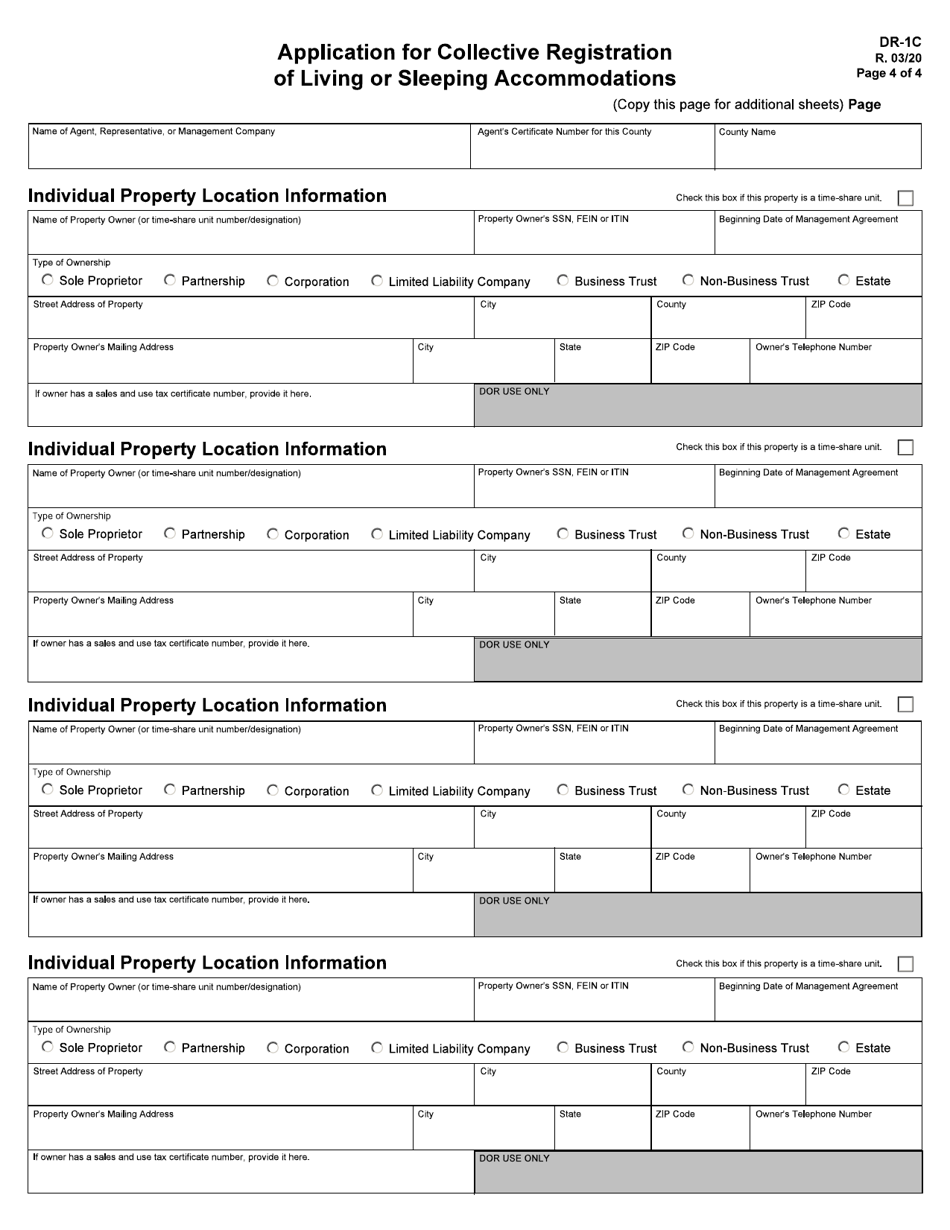 Form DR-1C Application for Collective Registration of Living or Sleeping Accommodations - Florida, Page 4