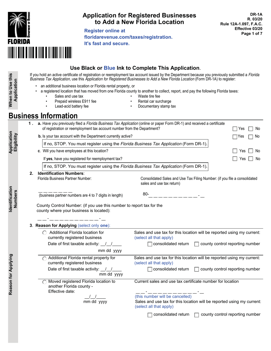 Form DR-1A Application for Registered Businesses to Add a New Florida Location - Florida, Page 1