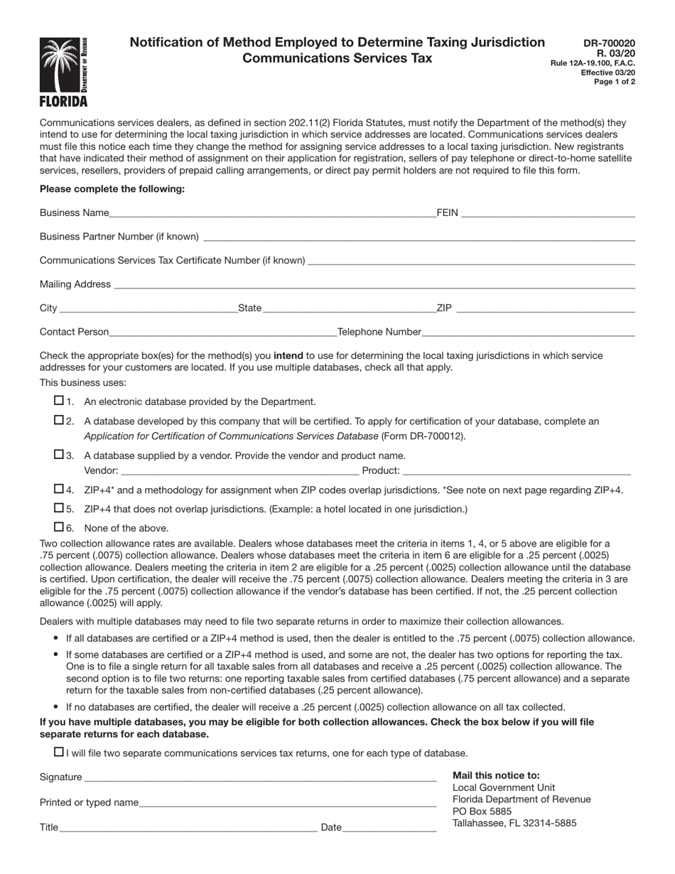 Form DR-700020 Notification of Method Employed to Determine Taxing Jurisdiction - Florida, Page 1