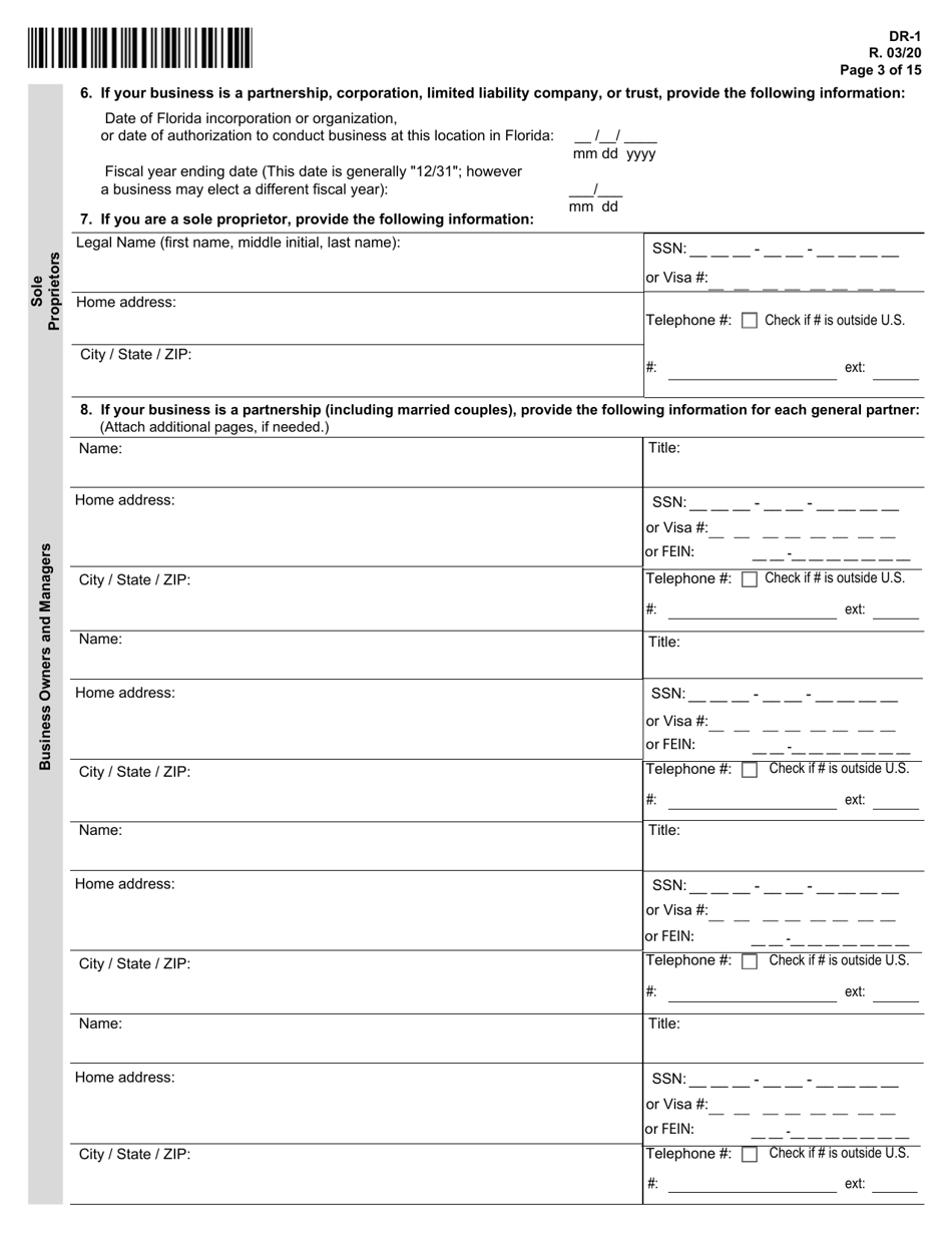 Form DR-1 Florida Business Tax Application - Florida, Page 3