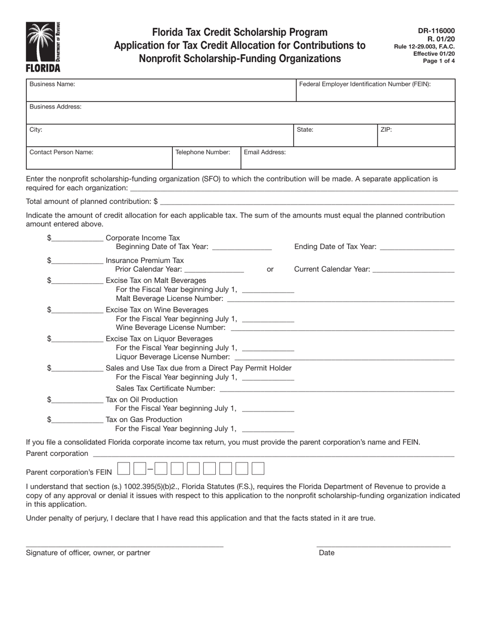 Form DR-116000 Application for Tax Credit Allocation for Contributions to Nonprofit Scholarship Funding Organizations (Sfos) - Florida, Page 1