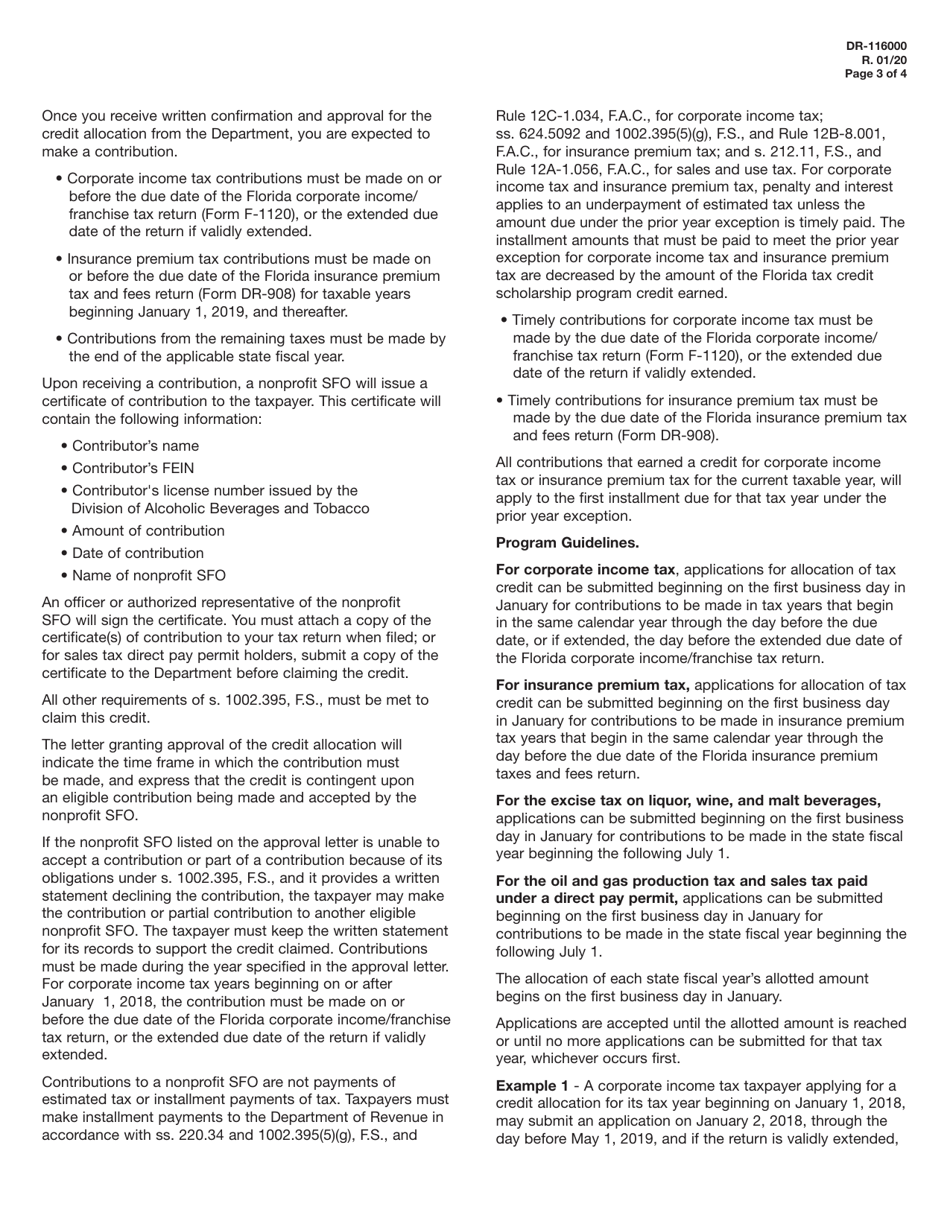 Form DR-116000 Application for Tax Credit Allocation for Contributions to Nonprofit Scholarship Funding Organizations (Sfos) - Florida, Page 3