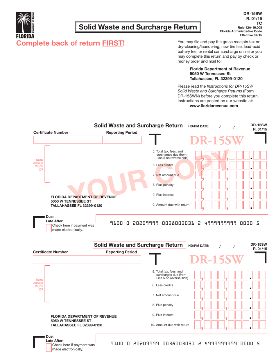 Form DR-15SW Solid Waste and Surcharge Return - Florida, Page 1