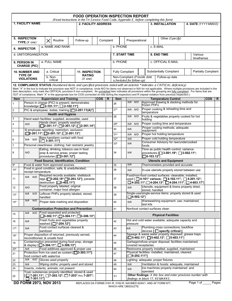 DD Form 2973 Food Operation Inspection Report, Page 1
