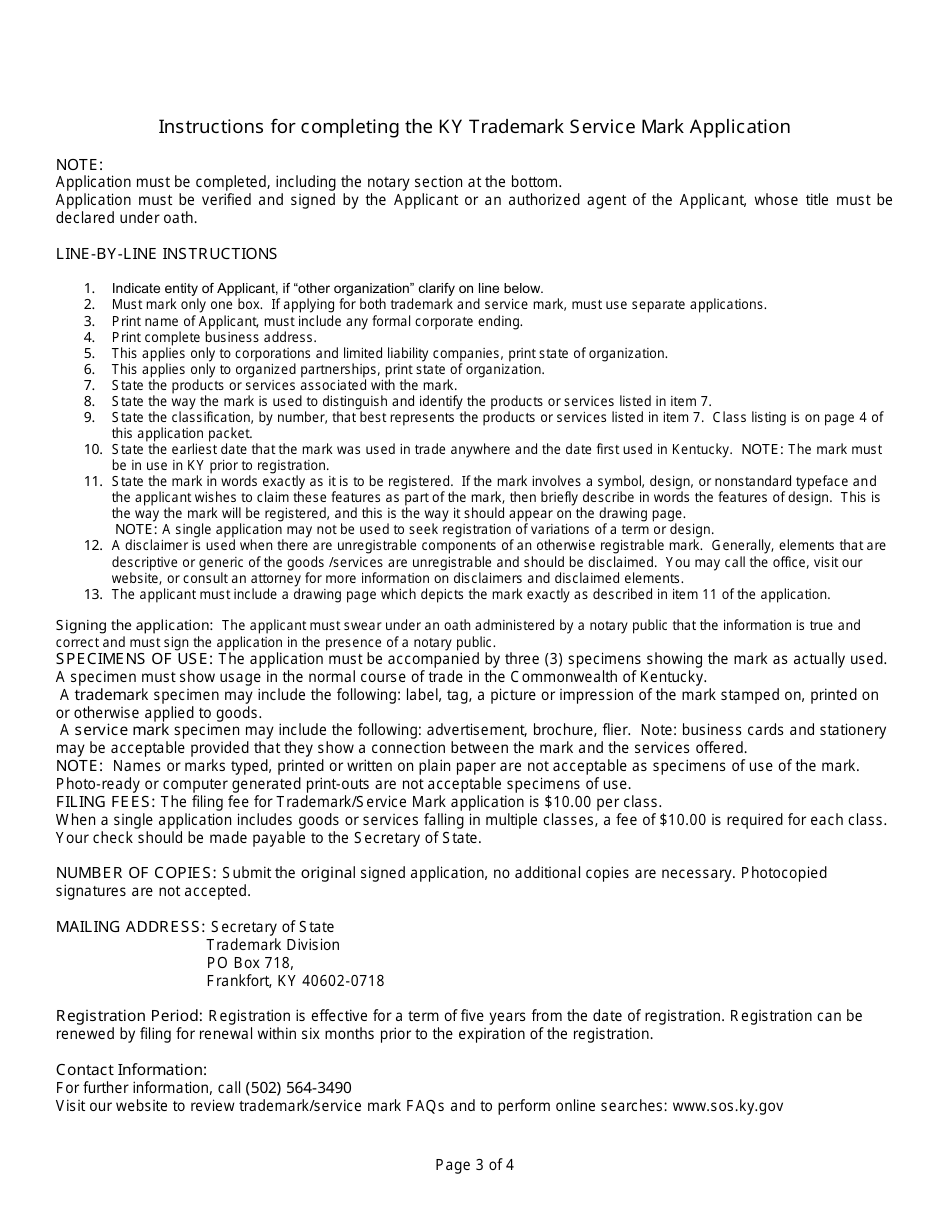 Trademark / Service Mark Application Form - Kentucky, Page 3