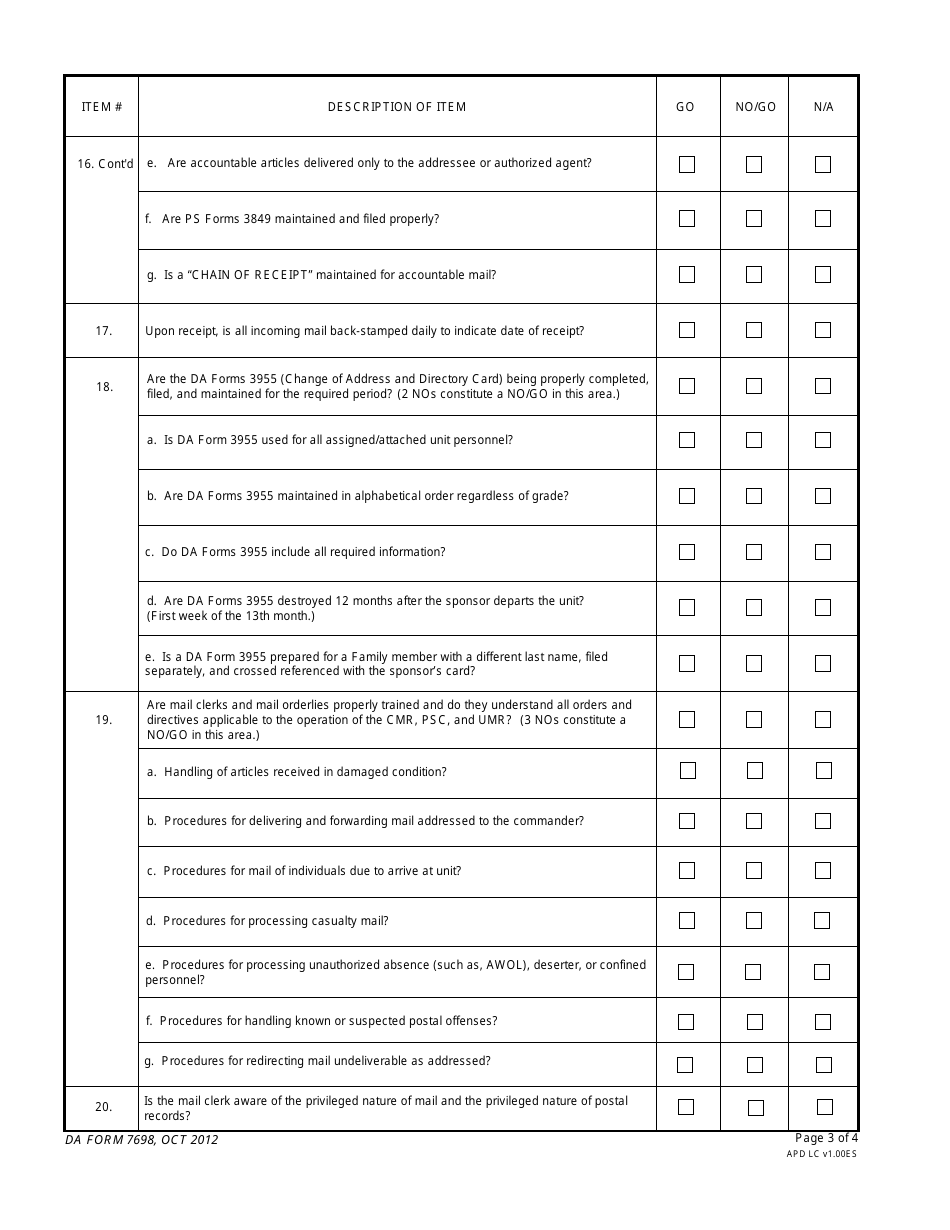 DA Form 7698 Unit Mail Room (Umr), Consolidated Mail Room (Cmr), and Postal Service Center (Psc) Inspection Checklis, Page 3