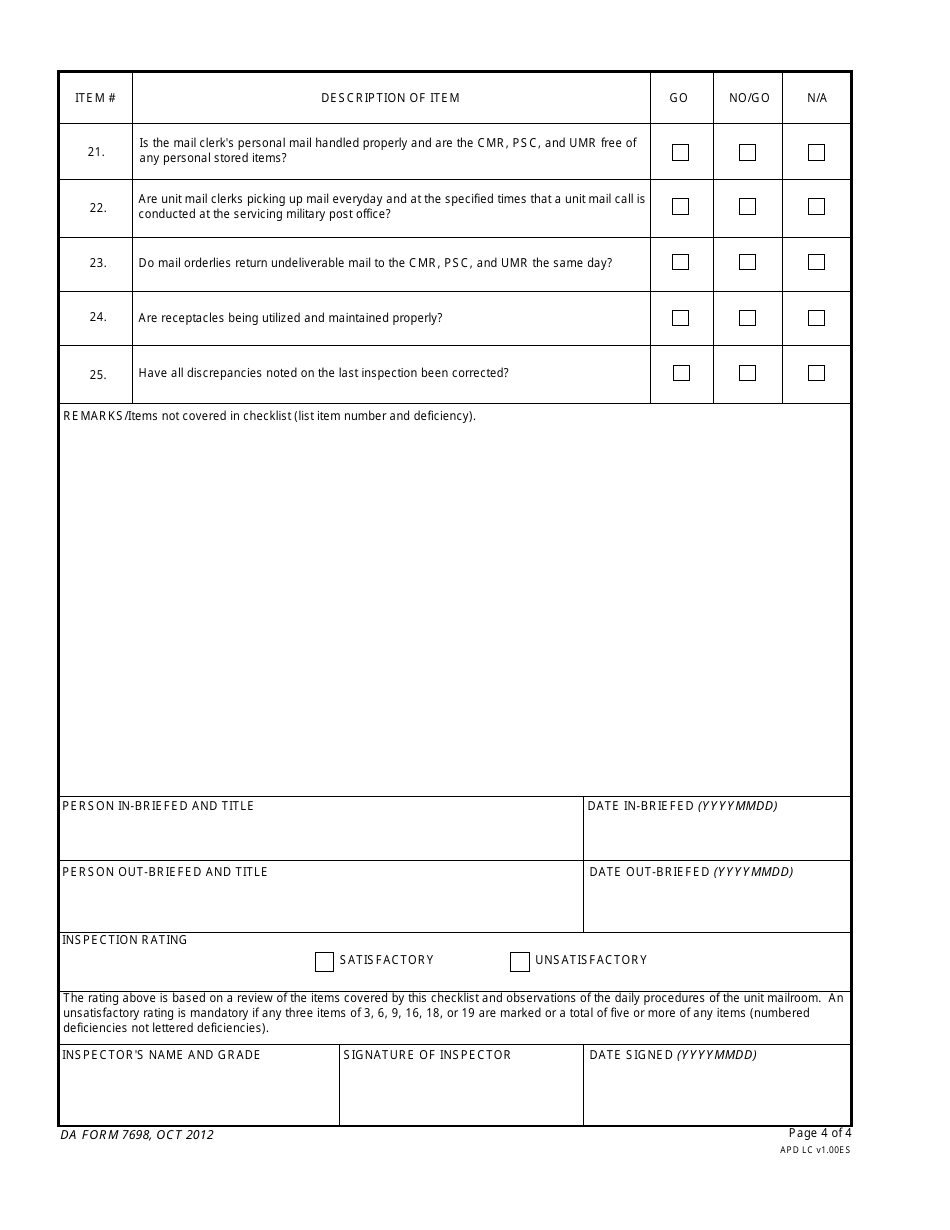 DA Form 7698 Unit Mail Room (Umr), Consolidated Mail Room (Cmr), and Postal Service Center (Psc) Inspection Checklis, Page 4