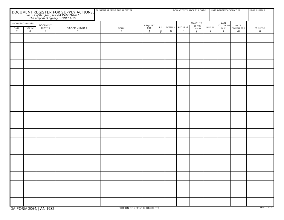 DA Form 2064 Document Register for Supply Actions, Page 1