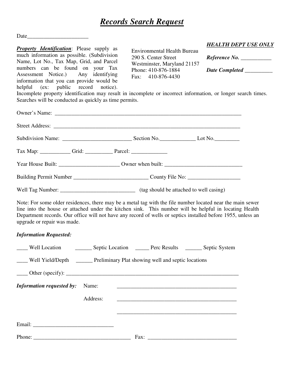 Carroll County, Maryland Records Search Request Form - Fill Out, Sign ...