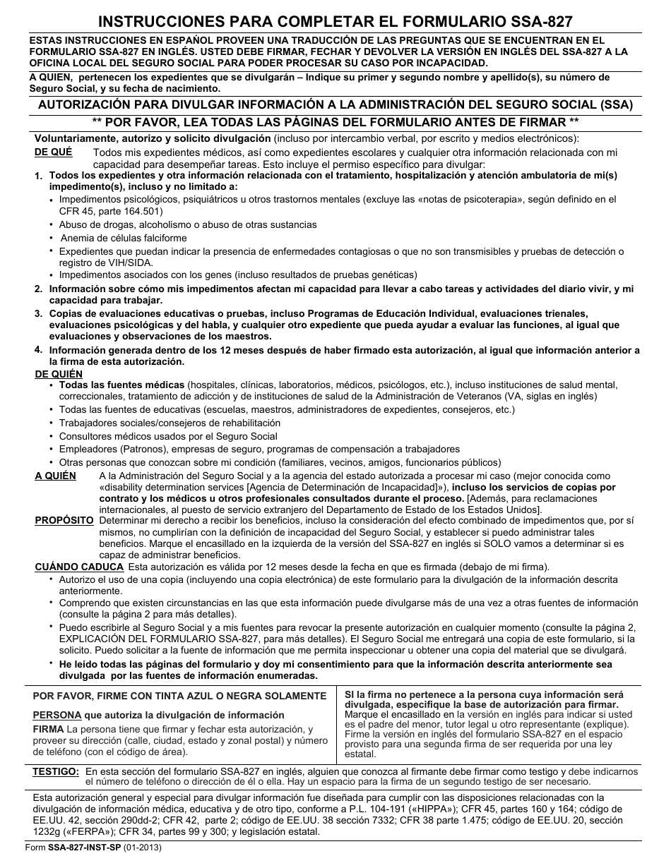 Instrucciones para Formulario SSA-827 Authorization to Disclose Information to the Social Security Administration (Ssa) (Spanish), Page 1