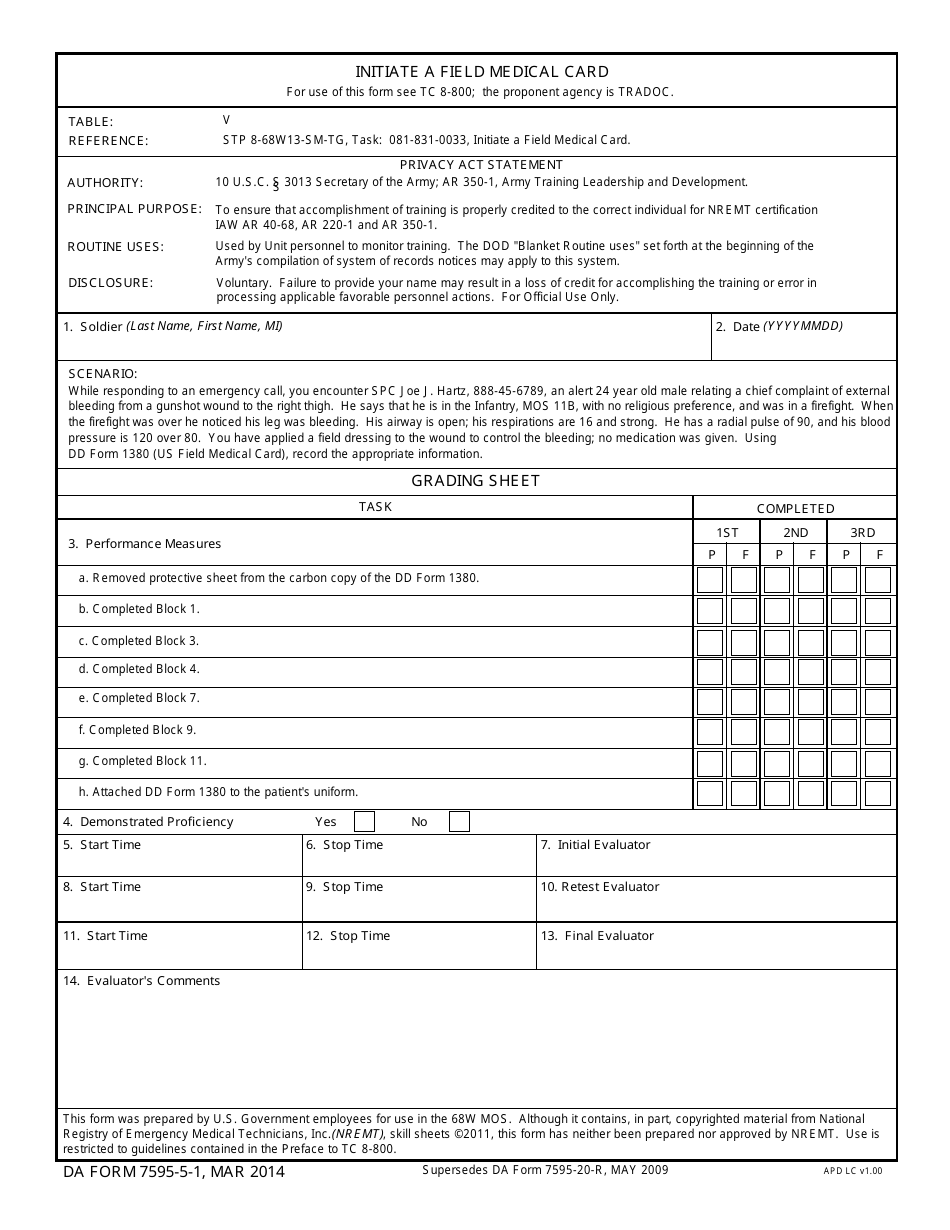 DA Form 7595-5-1 Initiate a Field Medical Card, Page 1