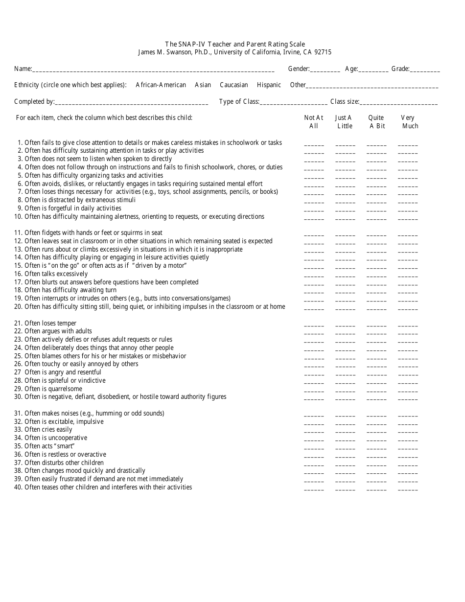 The Snap-IV Teacher and Parent Rating Scale Chart Template - University ...