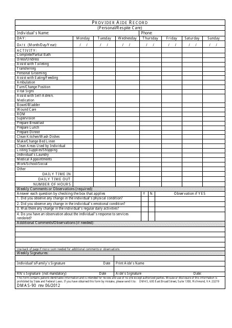 Form DMAS-90 Provider Aide Record (Personal/Respite Care) - Virginia