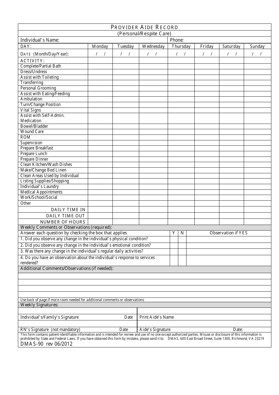 Form DMAS-90 Provider Aide Record (Personal / Respite Care) - Virginia, Page 1