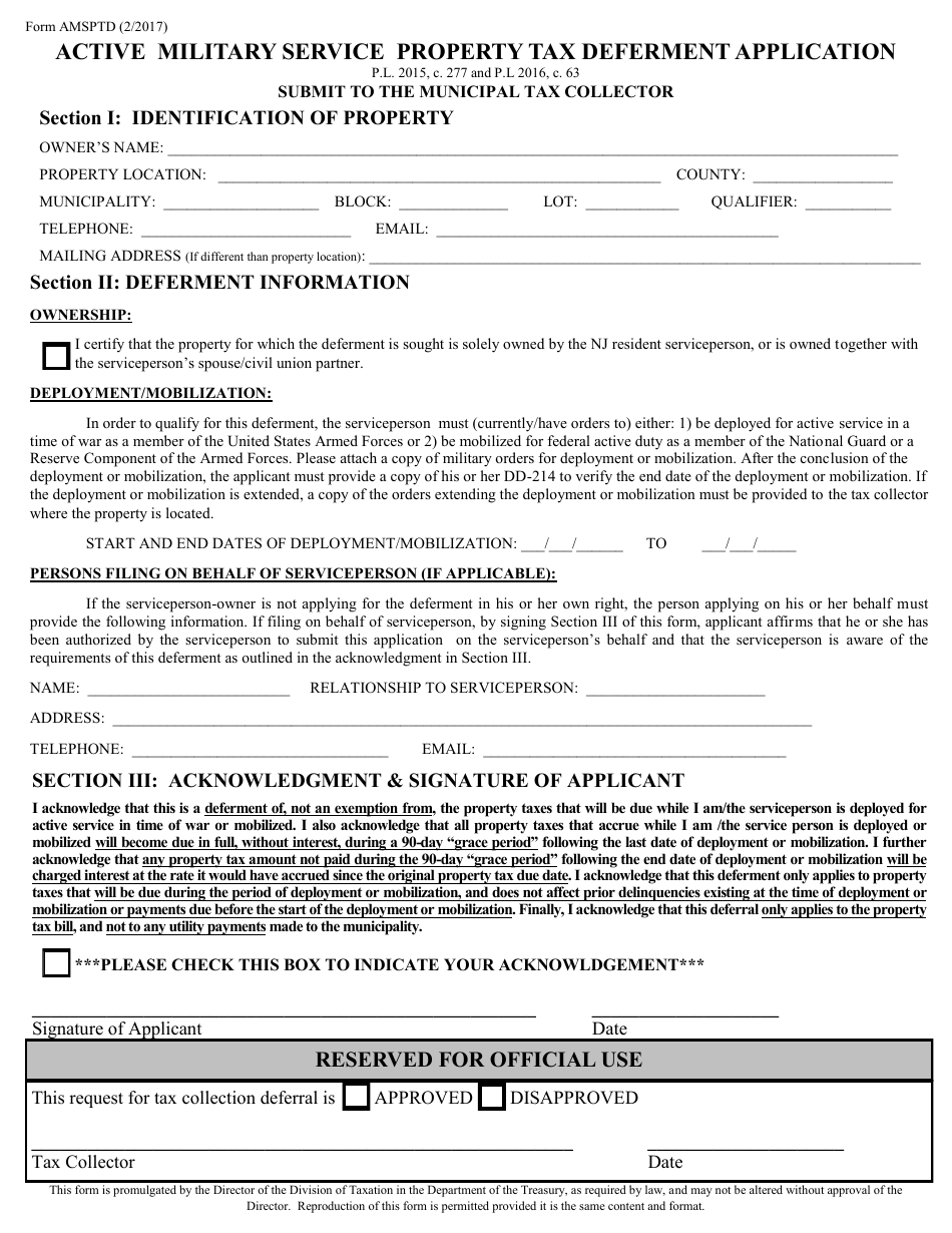 Form AMSPTD Active Military Service Property Tax Deferment Application - New Jersey, Page 1