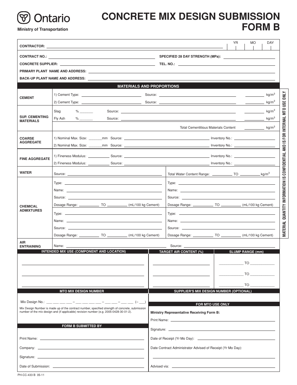 Form B (PH-CC-433 B) Concrete Mix Design Submission - Ontario, Canada, Page 1