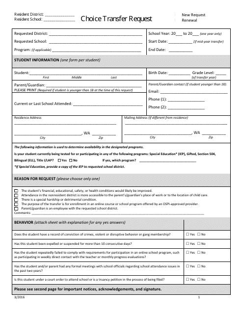 &quot;Choice Transfer Request Form - Hood Canal School District&quot; Download Pdf