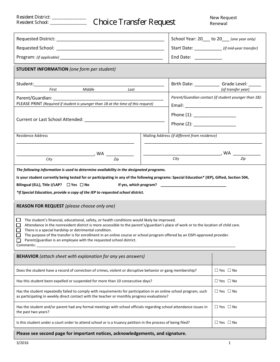 Choice Transfer Request Form - Hood Canal School District, Page 1