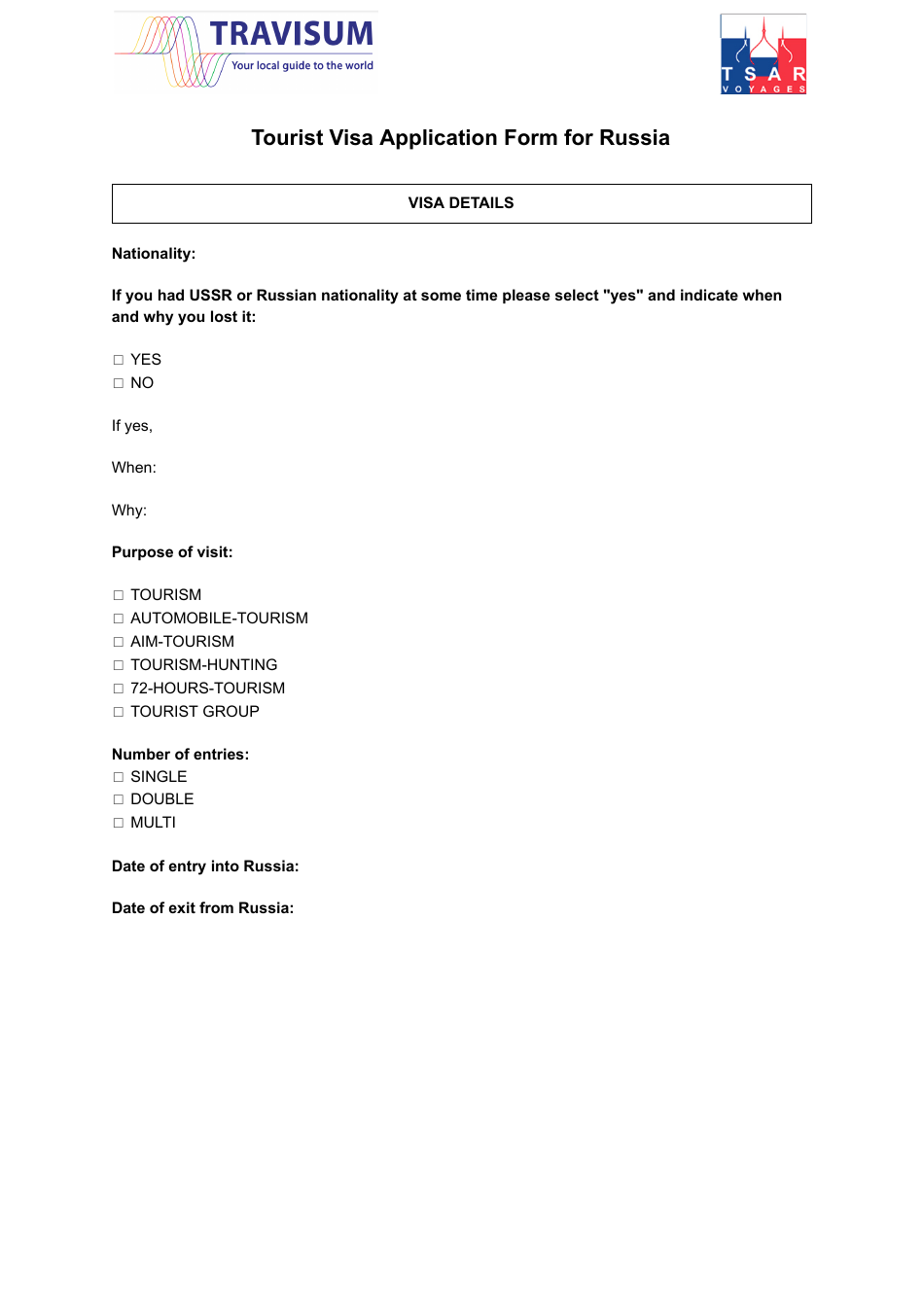 Tourist Visa Application Form For Russia Travisum Fill Out Sign Online And Download PDF