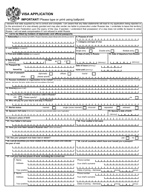 Russian Visa Application Form Download Fillable PDF Templateroller