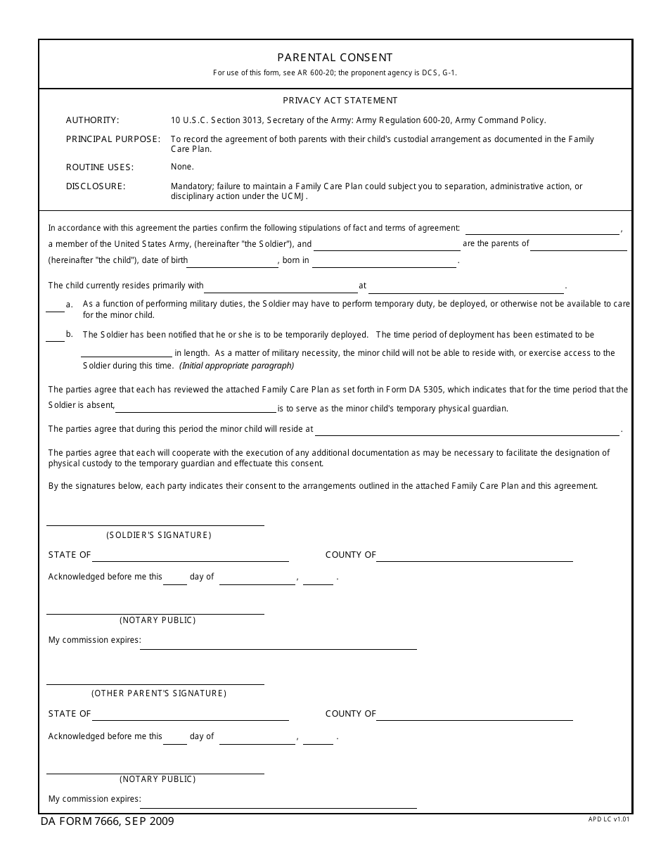 DA Form 7666 Parental Consent, Page 1