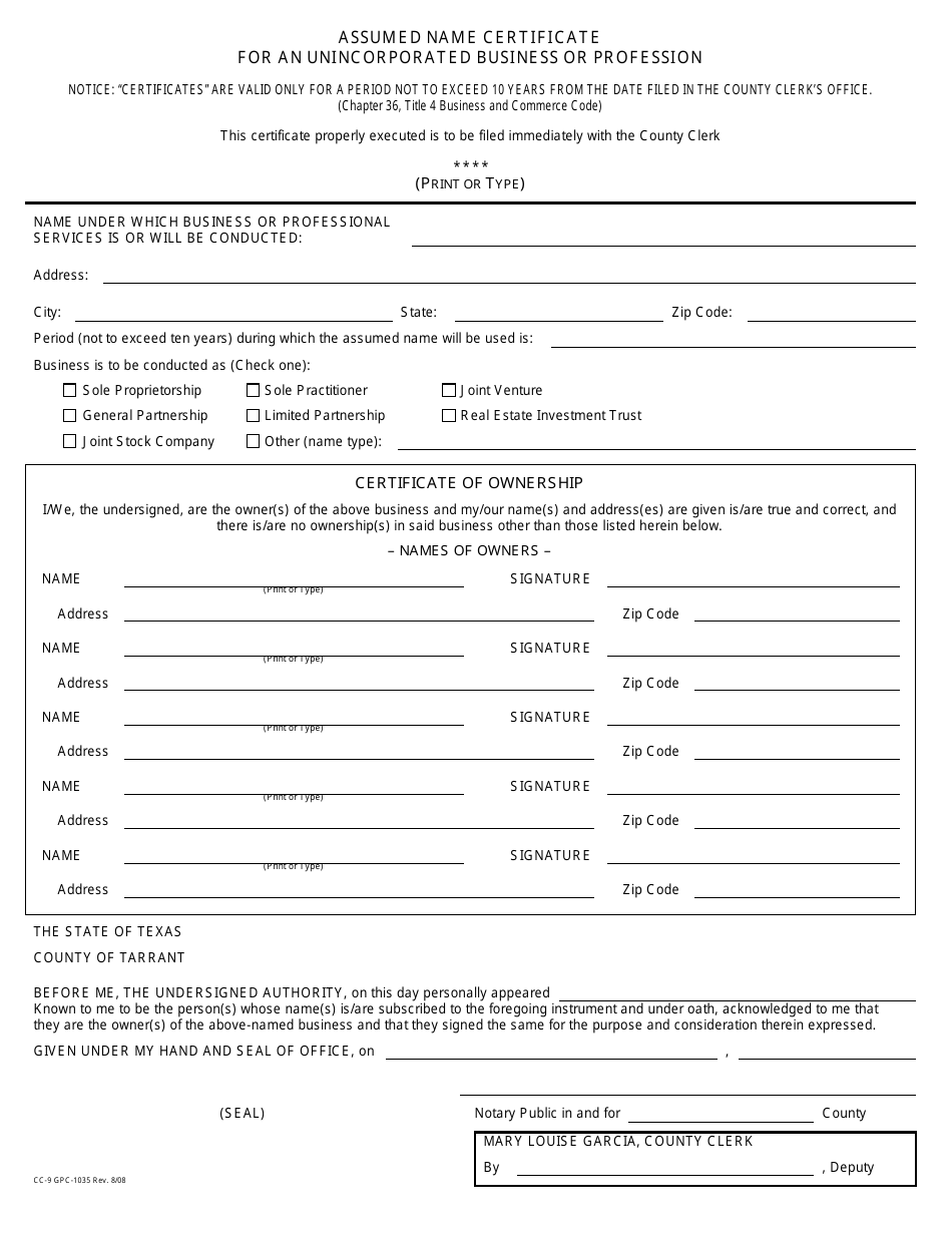 Form CC-9 Assumed Name Certificate for an Unincorporated Business or Profession - Tarrant County, Texas, Page 1