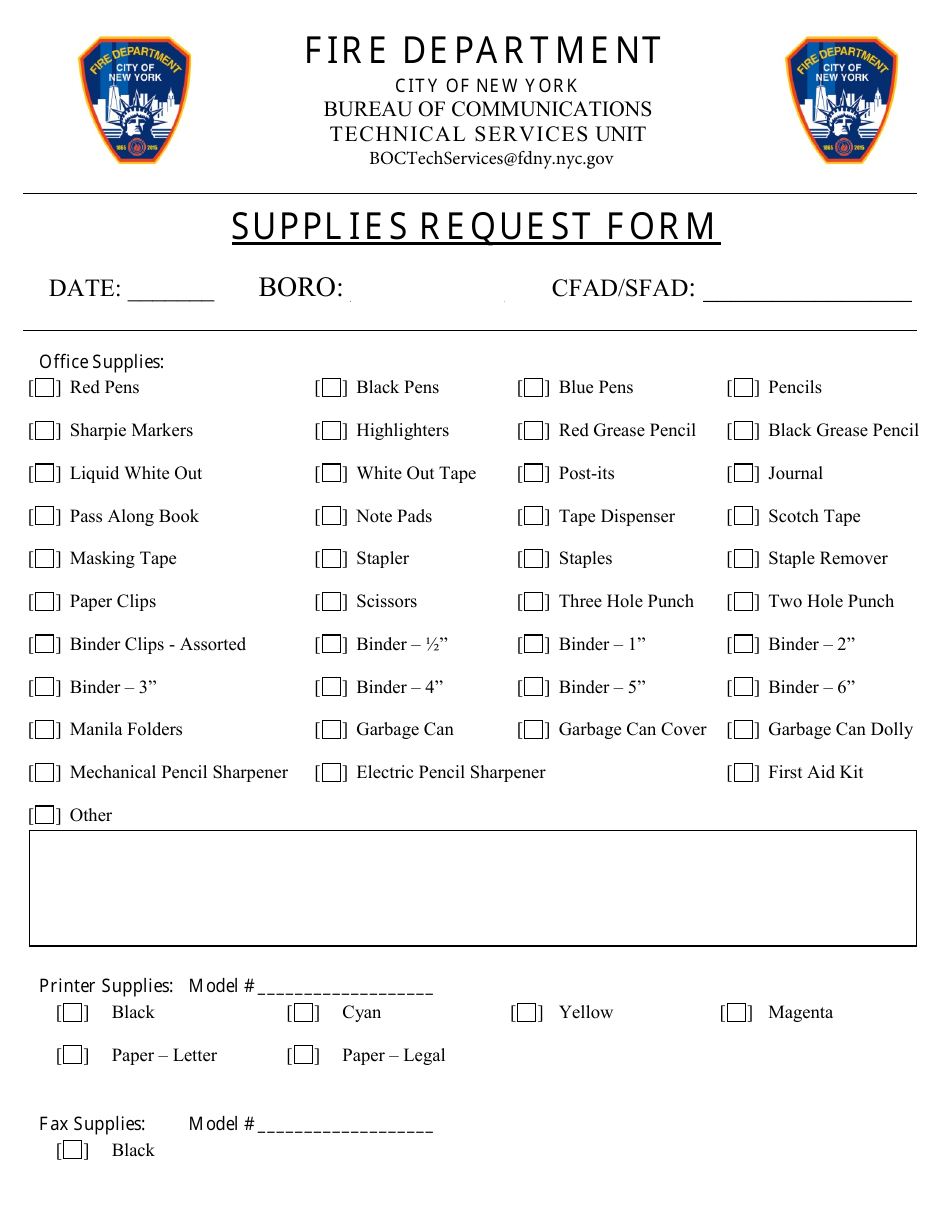 Supplies Request Form - New York City, Page 1