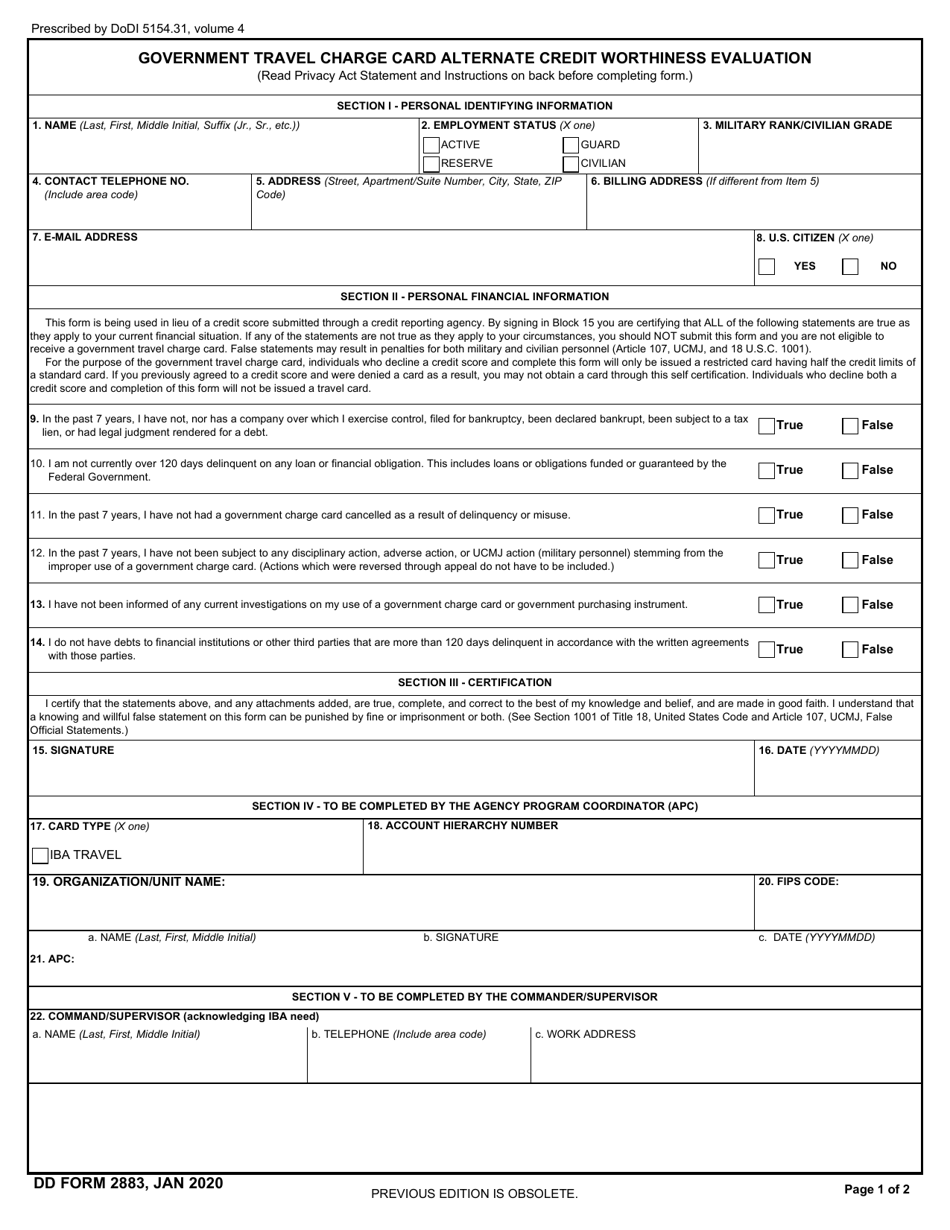 DD Form 2883 Government Travel Charge Card Alternate Credit Worthiness Evaluation, Page 1