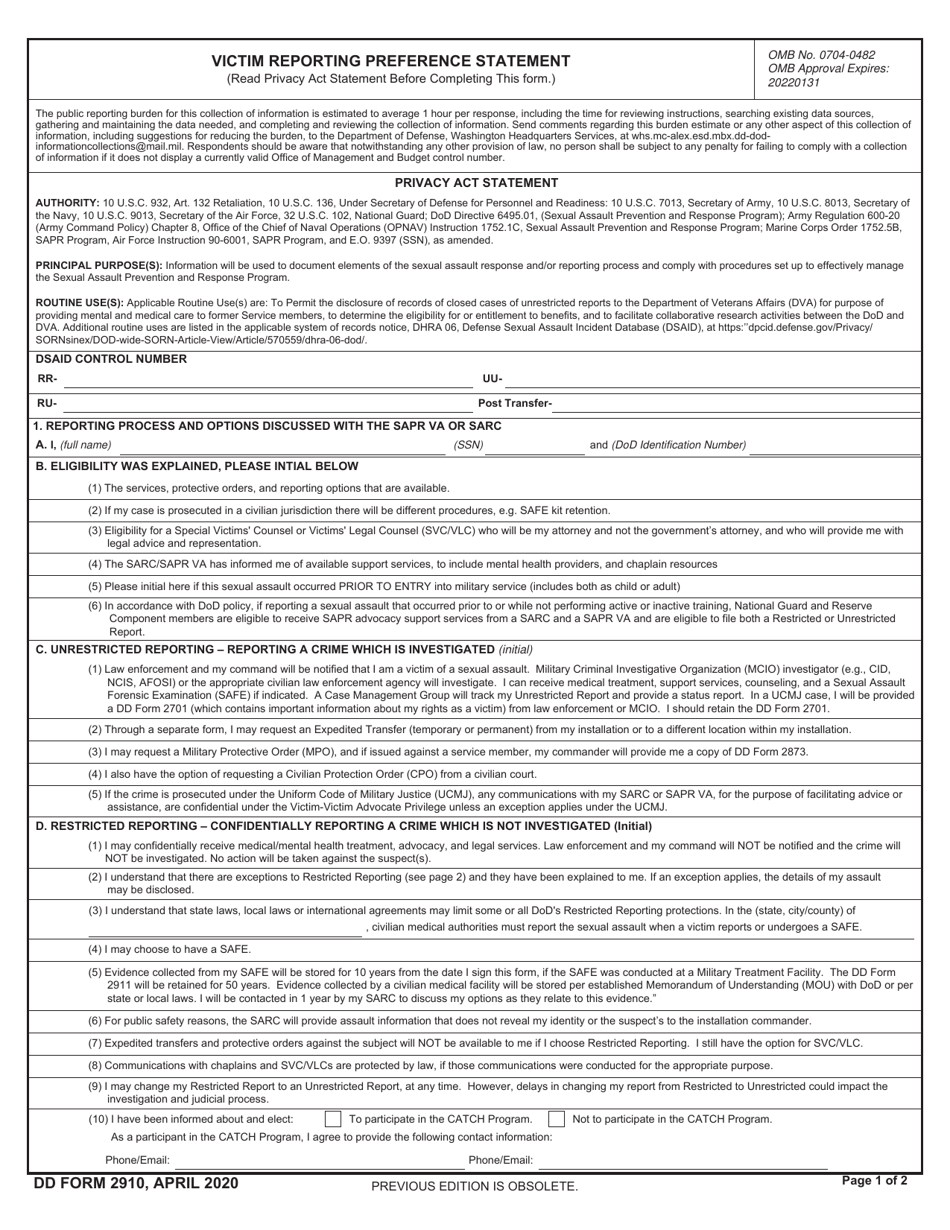 DD Form 2910 Victim Reporting Preference Statement, Page 1