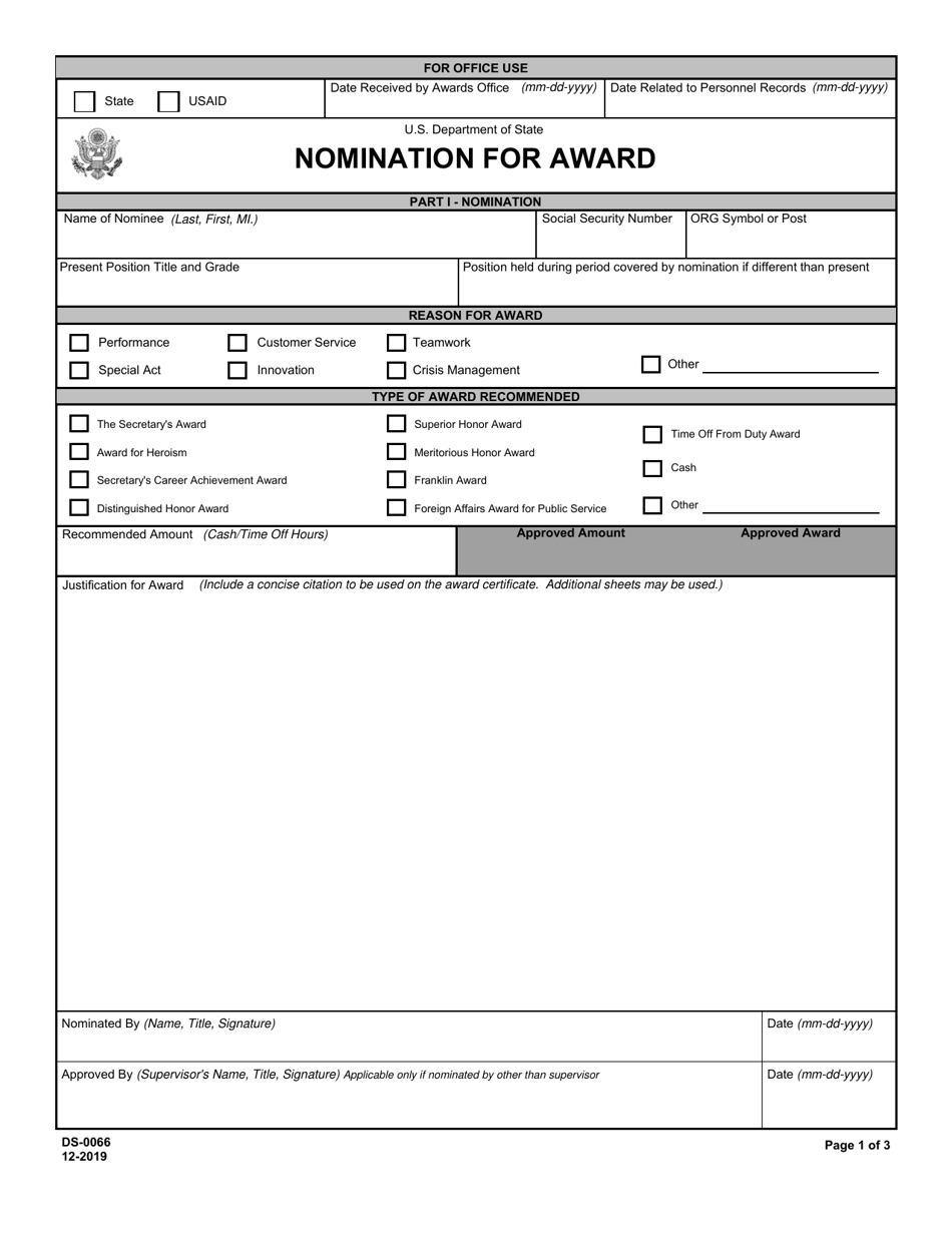 Form DS-0066 Nomination for Award, Page 1