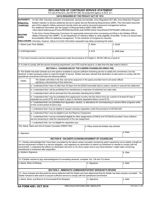 DA Form 4991  Printable Pdf