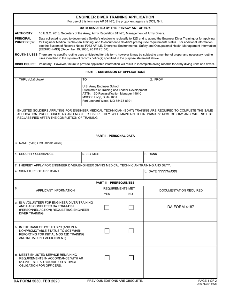 DA Form 5030 Engineer Diver Training Application, Page 1