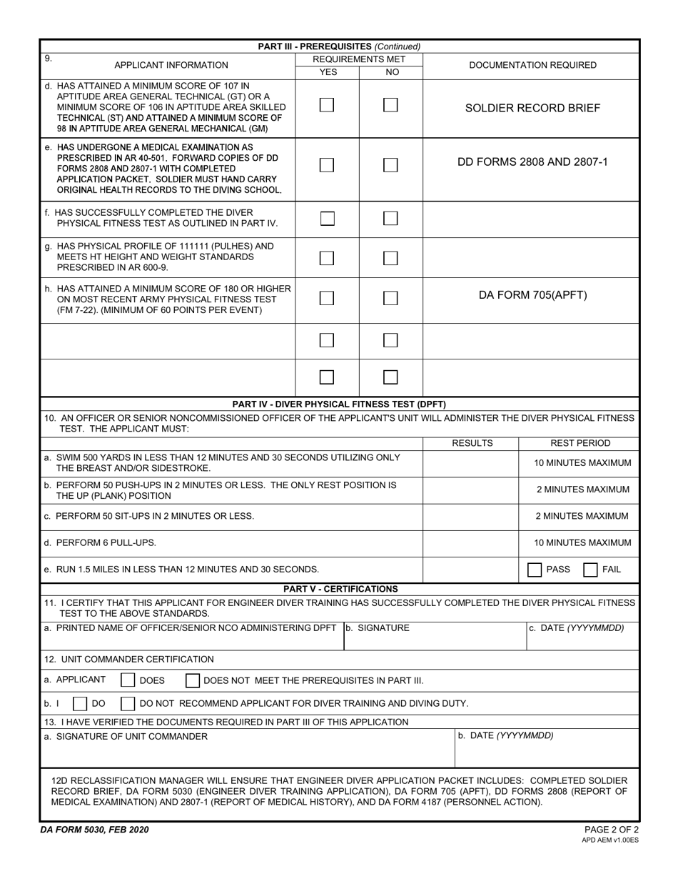 DA Form 5030 Download Fillable PDF or Fill Online Engineer Diver ...