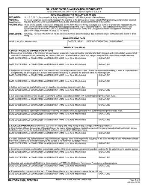 DA Form 7690 Salvage Diver Qualification Worksheet