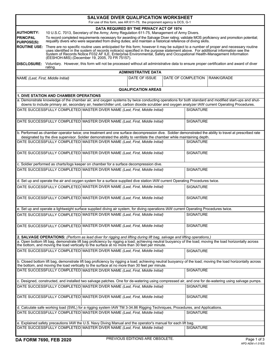DA Form 7690 Salvage Diver Qualification Worksheet, Page 1