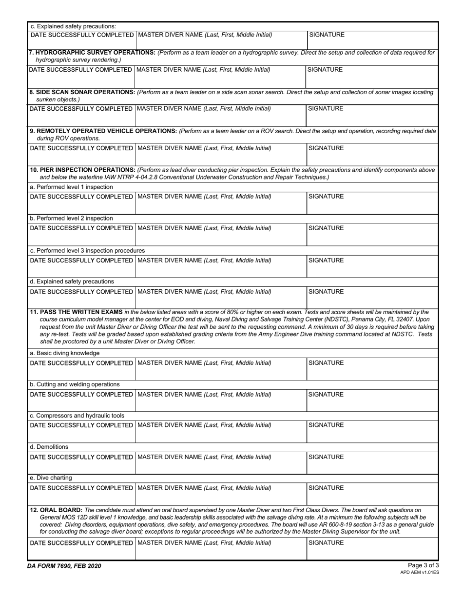DA Form 7690 Salvage Diver Qualification Worksheet, Page 3