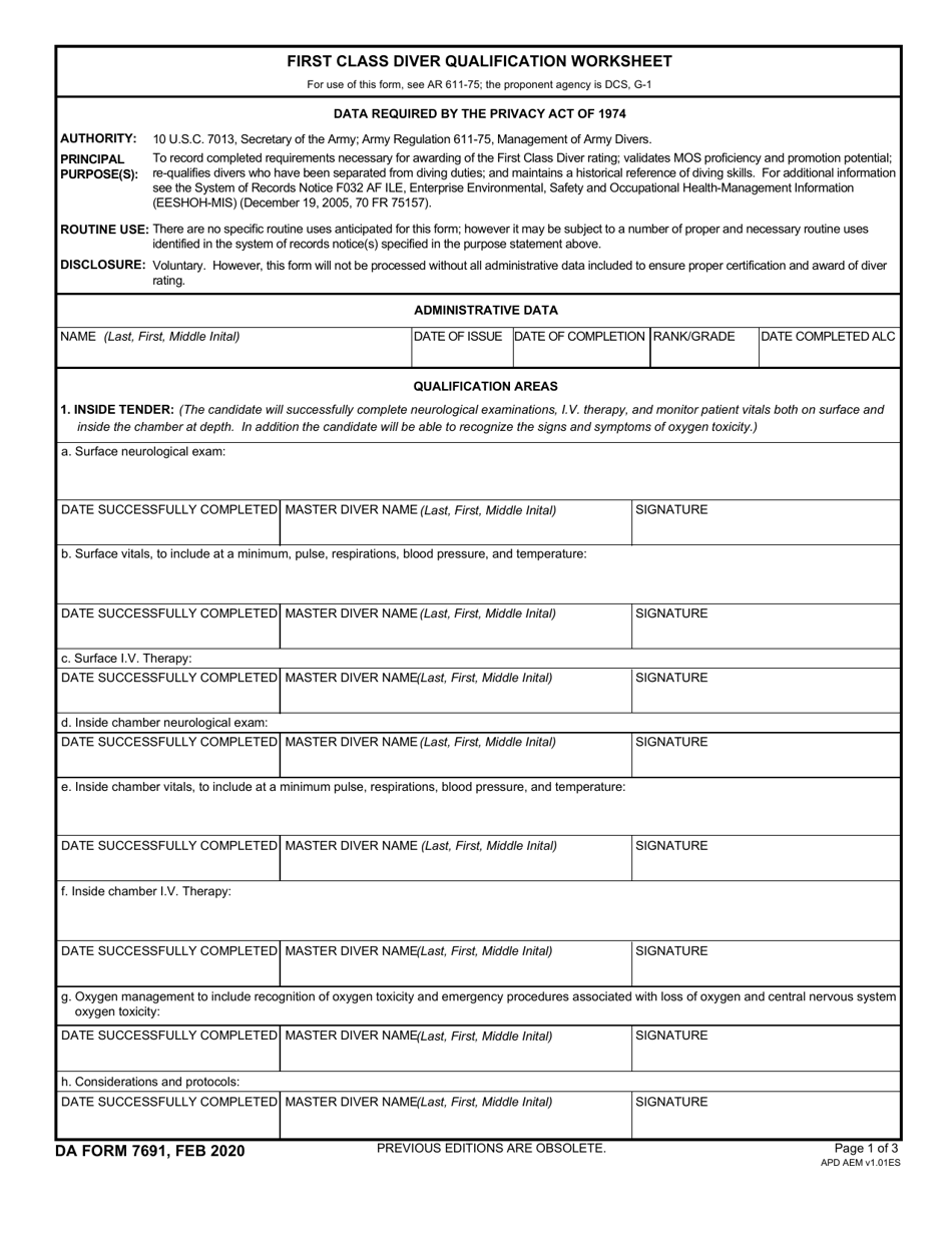 DA Form 7691 Download Fillable PDF or Fill Online First Class Diver ...