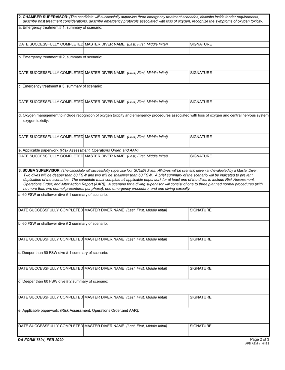 DA Form 7691 First Class Diver Qualification Worksheet, Page 2