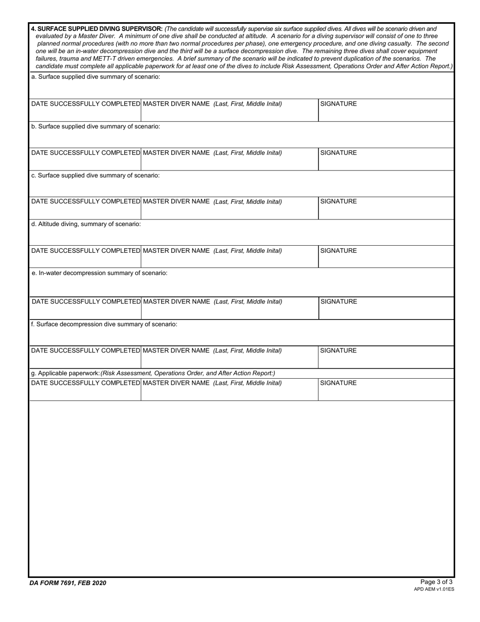 DA Form 7691 First Class Diver Qualification Worksheet, Page 3