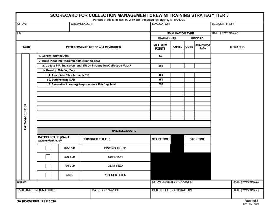 DA Form 7856 Scorecard for Collection Management Crew Mi Training Strategy Tier 3, Page 1