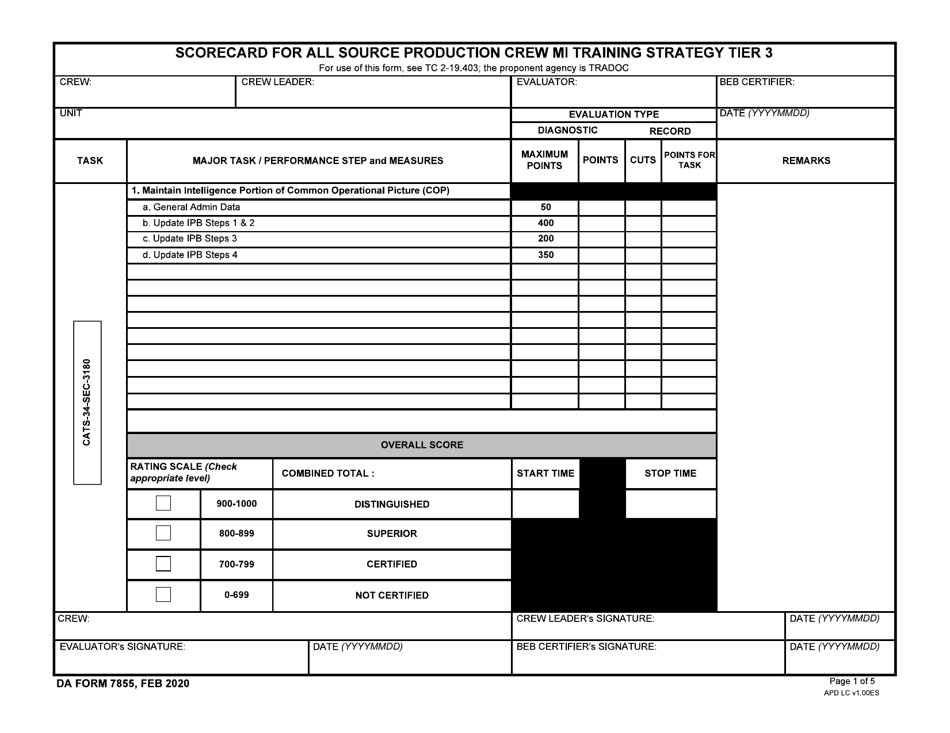 DA Form 7855 Scorecard for All Source Production Crew Mi Training Strategy Tier 3, Page 1