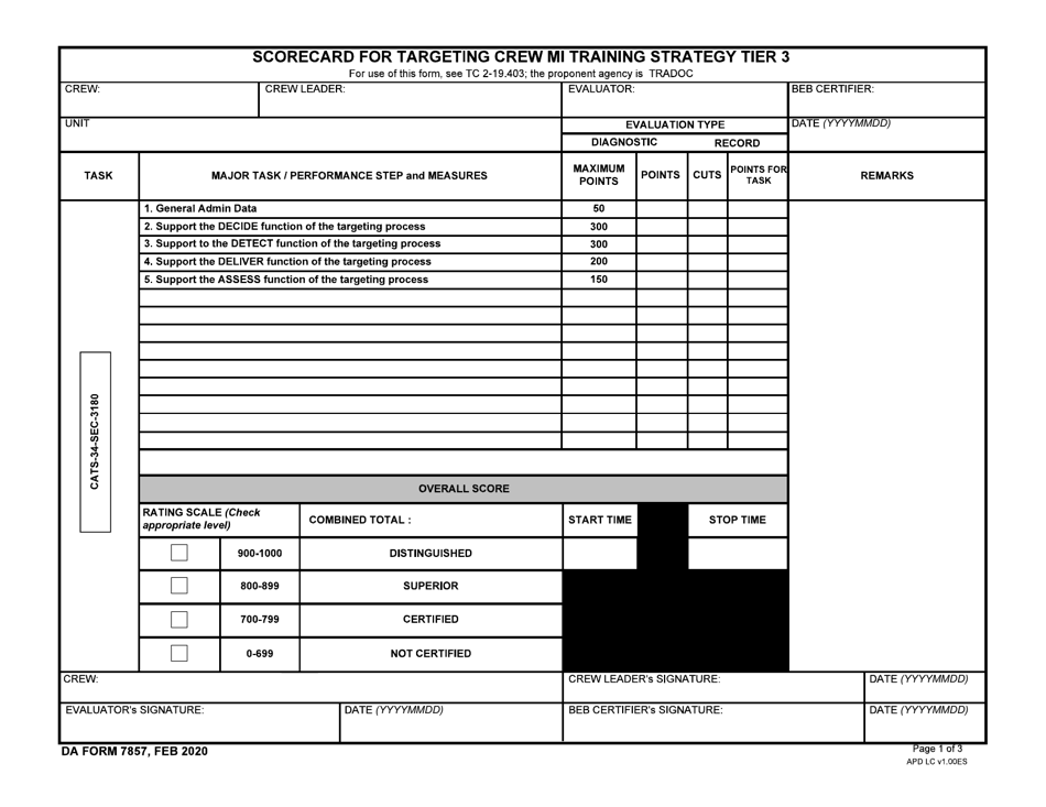 DA Form 7857 Scorecard for Targeting Crew Mi Training Strategy Tier 3, Page 1