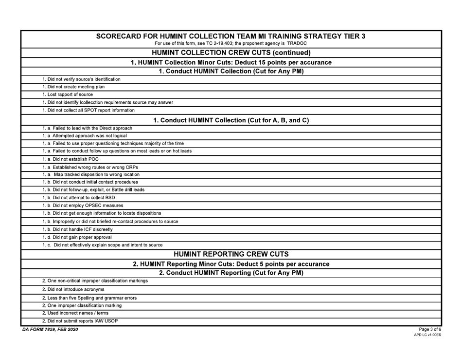 DA Form 7859 Scorecard for Humint Collection Team Mi Training Strategy Tier 3, Page 3
