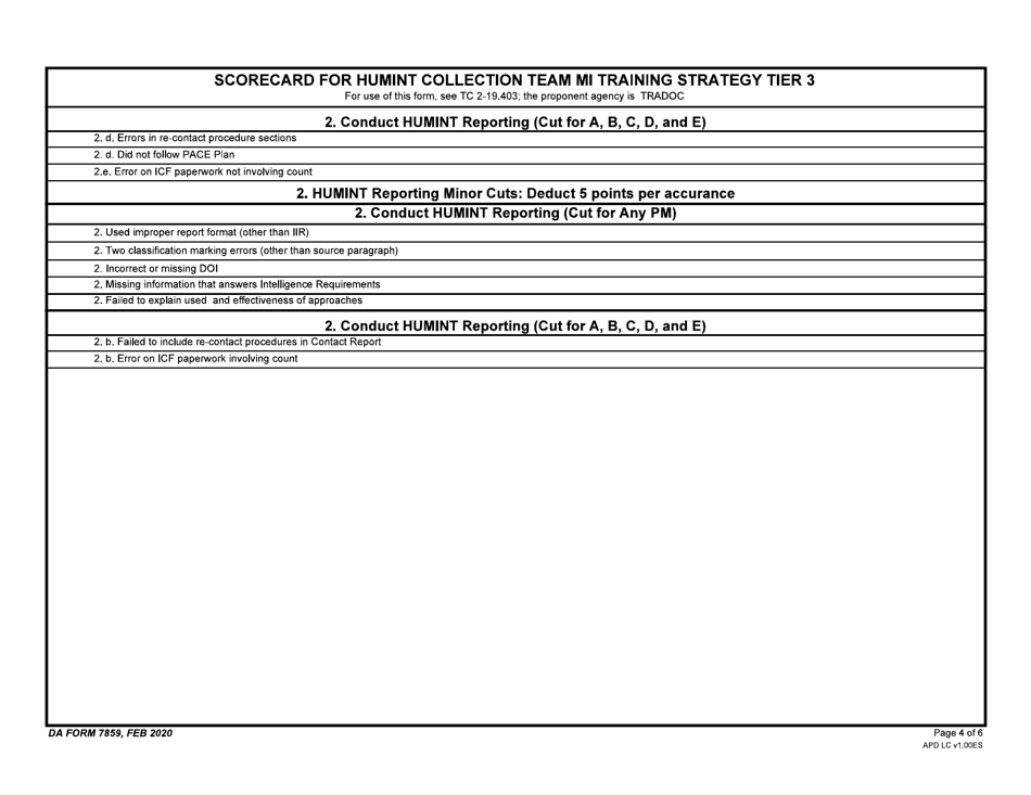 DA Form 7859 Scorecard for Humint Collection Team Mi Training Strategy Tier 3, Page 4