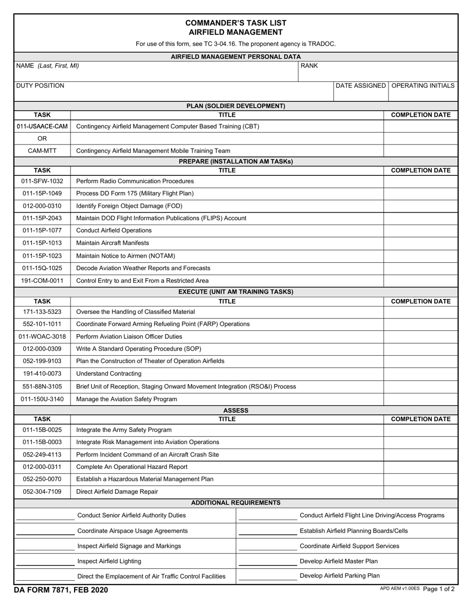 DA Form 7871 Commanders Task List Airfield Management, Page 1